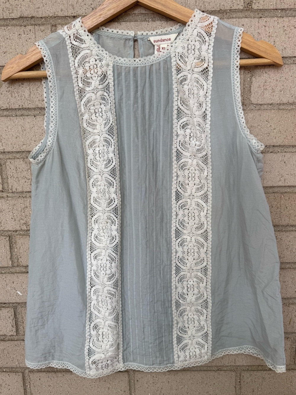 Sundance Lace Pintuck Sleeveless Blouse XS Pale Blue Cotton Silk Romantic Boho
